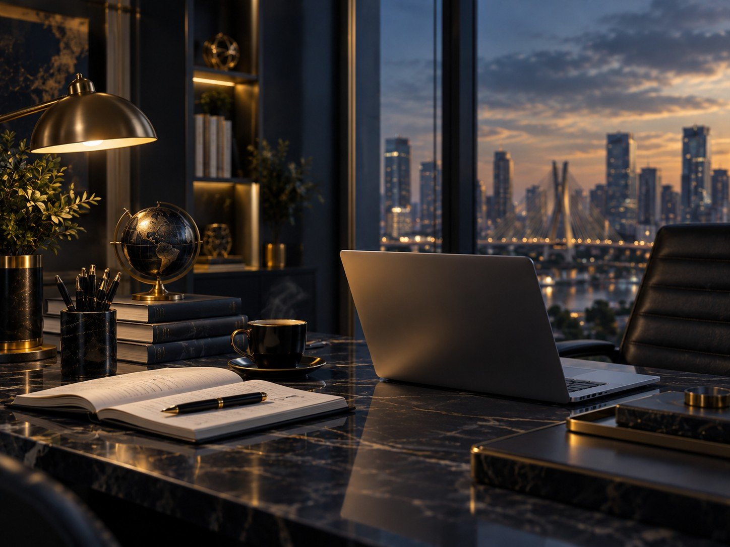 Mesa executiva com notebook e caderno para conteúdo e planejamento estratégico